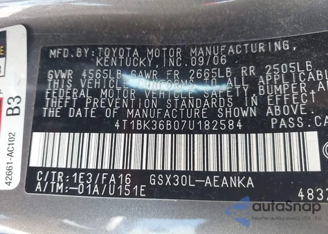 2007 Toyota Avalon Xl z USA, uszkodzony, nr VIN 4T1BK36B07U182584